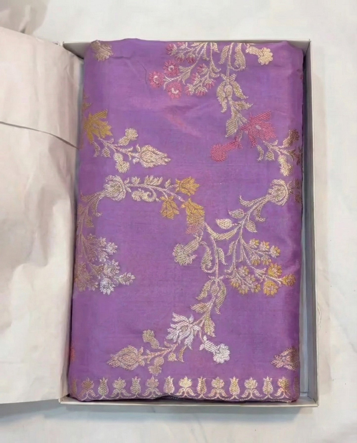 Yamini - Lavender Purple Banarasi Silk Saree with Floral Zari Work