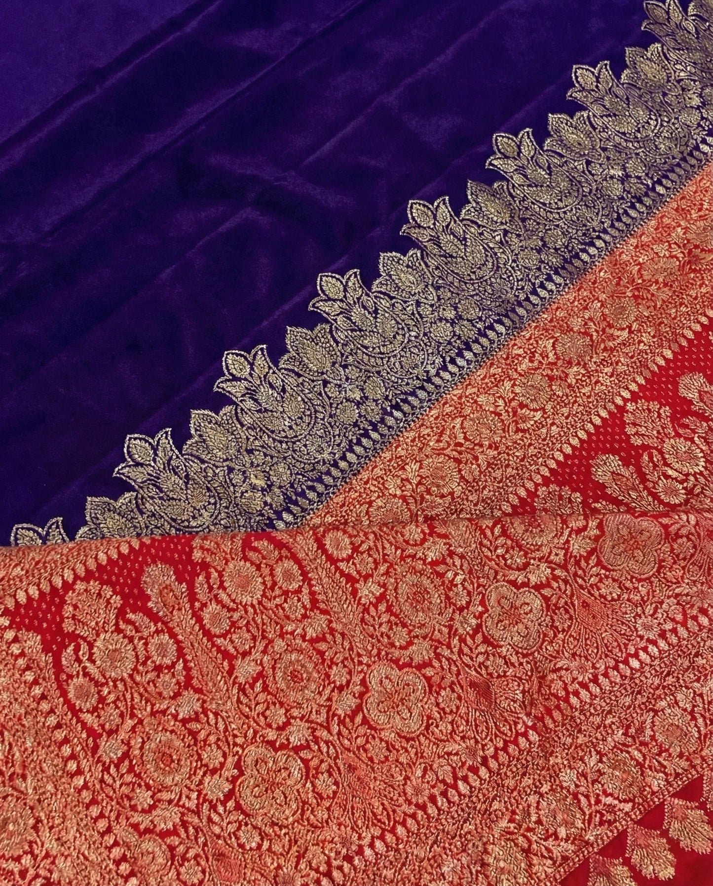 Arati - Blue Red Pure Crape Silk Saree with Zari Border