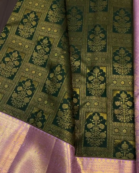 Suhasini - Dark Green Katan Silk Saree with Zari Floral Jaal and Pink Border