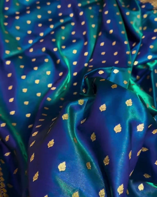 Amara - Teal Blue Banarasi Satin Saree with Zari Buti and Floral Border
