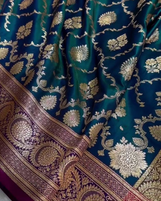 Mahika-Teal Banarasi Satin Saree with Zari Floral & Contrast Maroon Border