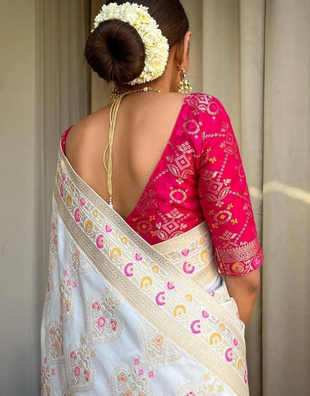 Tisha White Soft Banarasi Saree With Attached Blouse