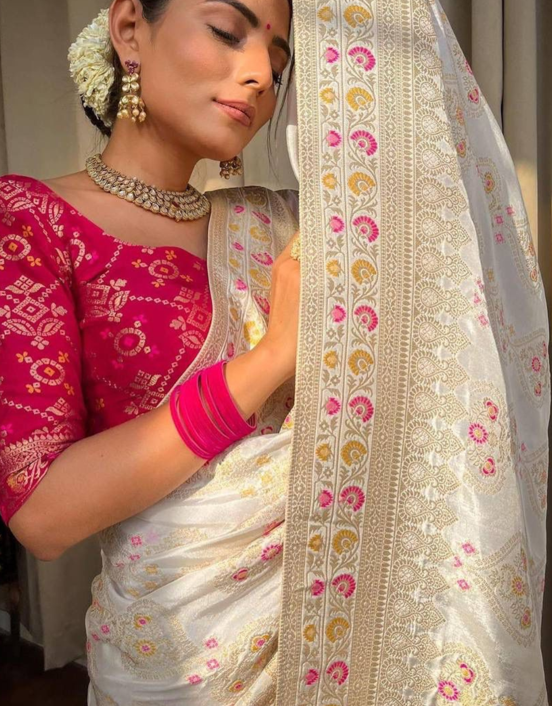 Tisha White Soft Banarasi Saree With Attached Blouse