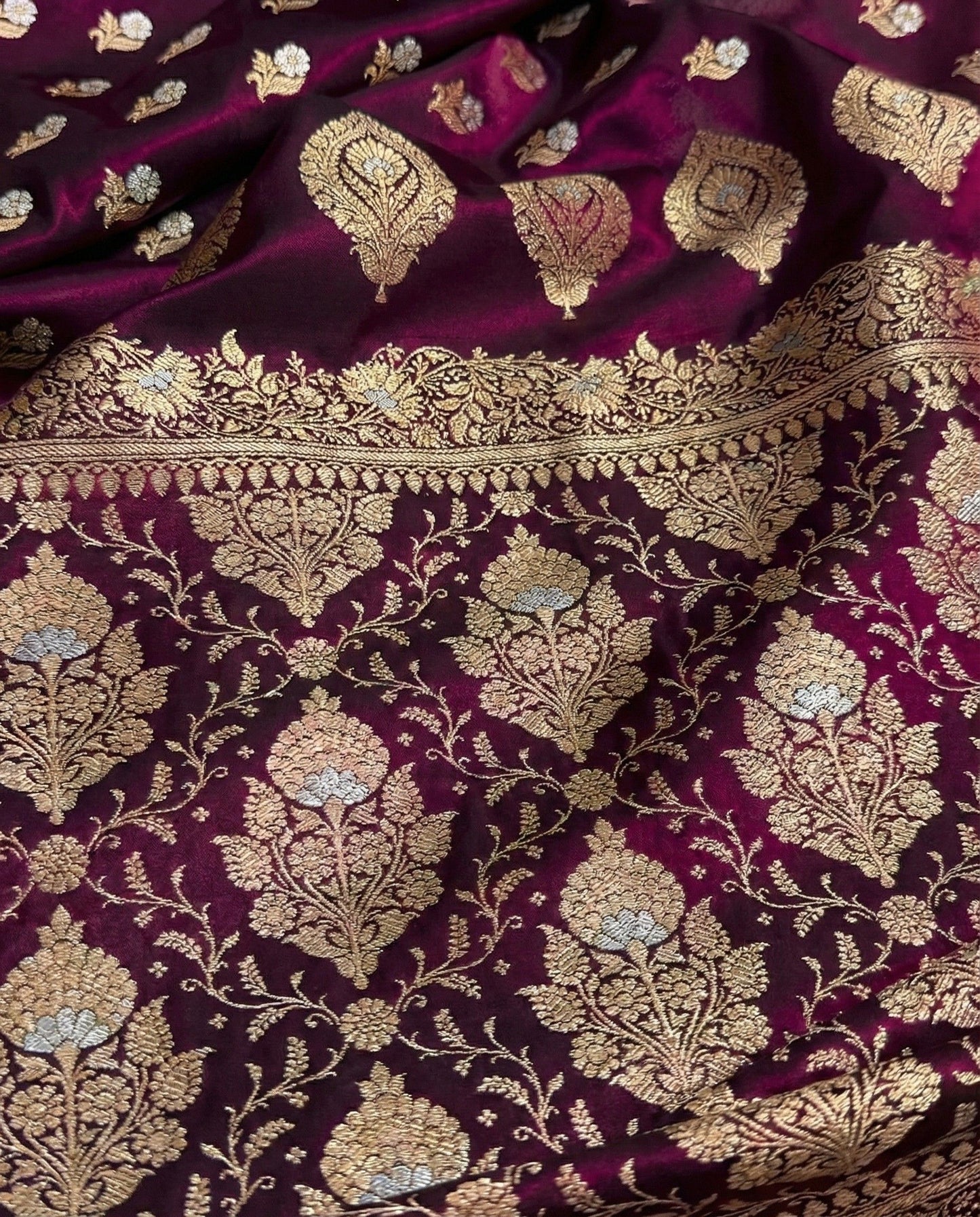 Vilina - banarasi satin silk meena boota saree in rich maroon shades