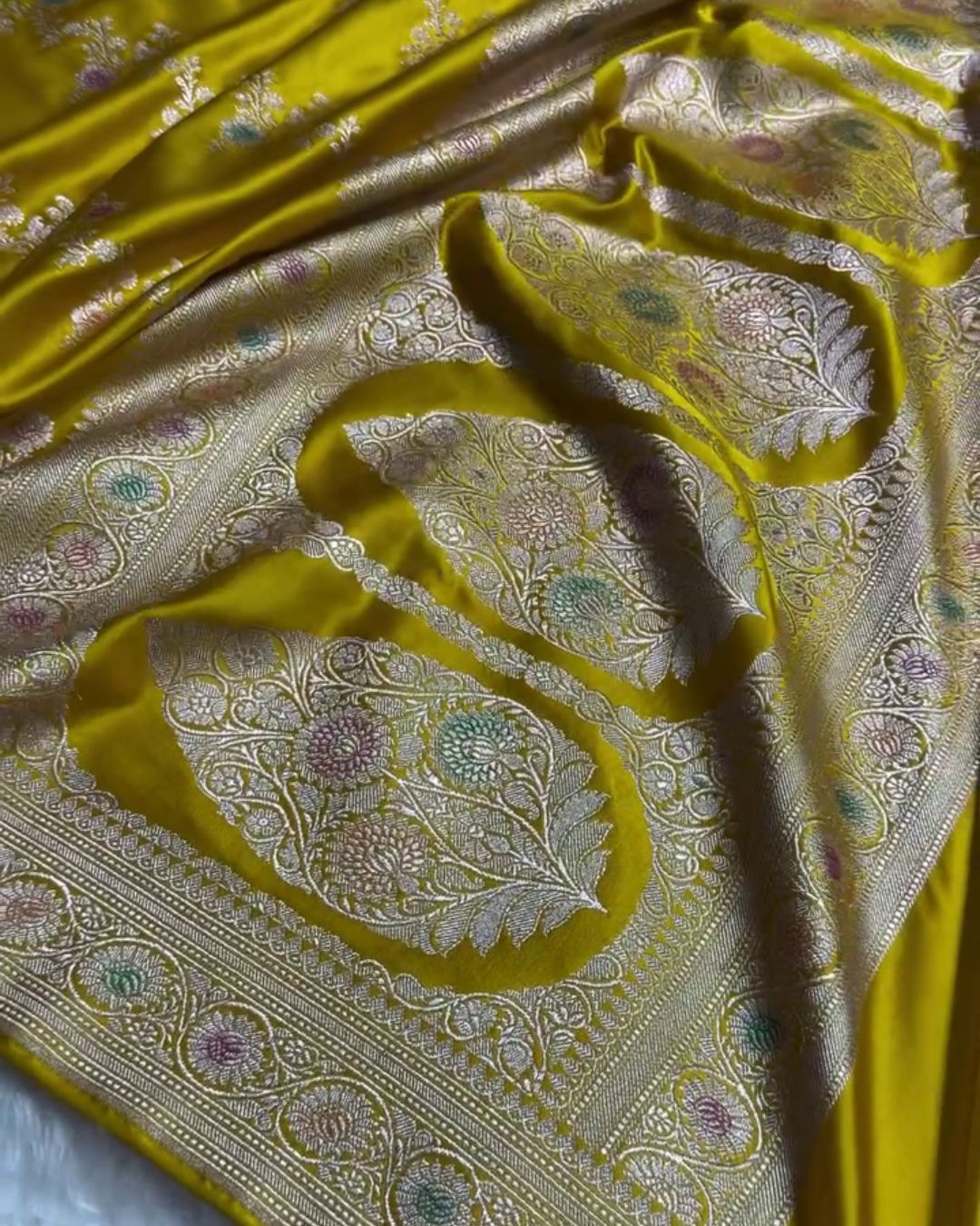Kundini - Mustard Yellow Banarasi Silk Saree with Multicolor Floral Zari Jaal and Woven Border