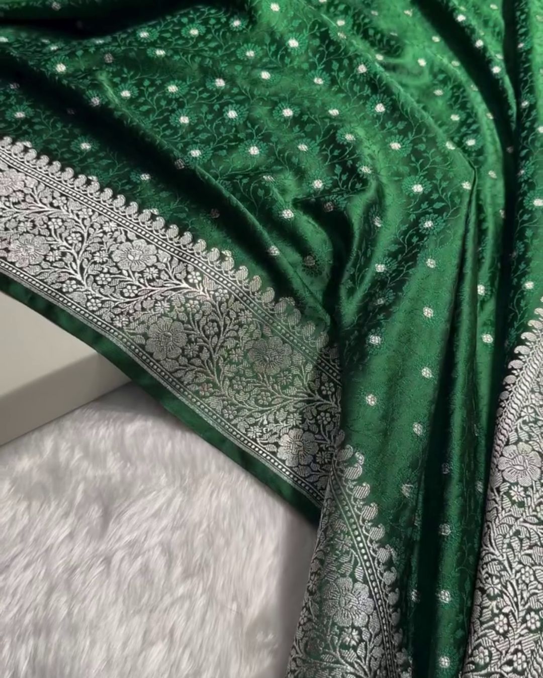 Arya - Emerald Green Katan Silk Saree with Silver Zari Butta and Floral Border