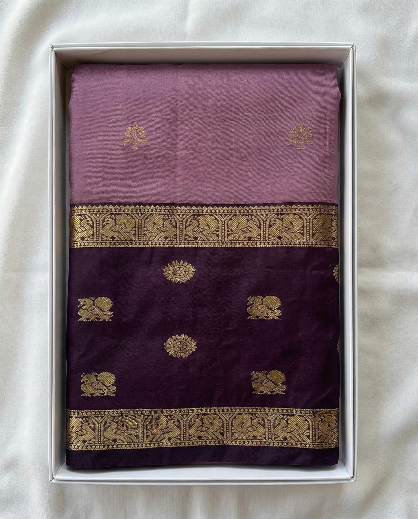 Sunayna - Dusty Mauve Banarasi Silk Saree with Contrast Zari Border