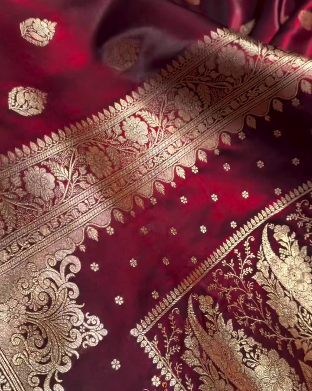 Kaushalya - Maroon Banarasi Satin Saree with Golden Zari Floral Weaving