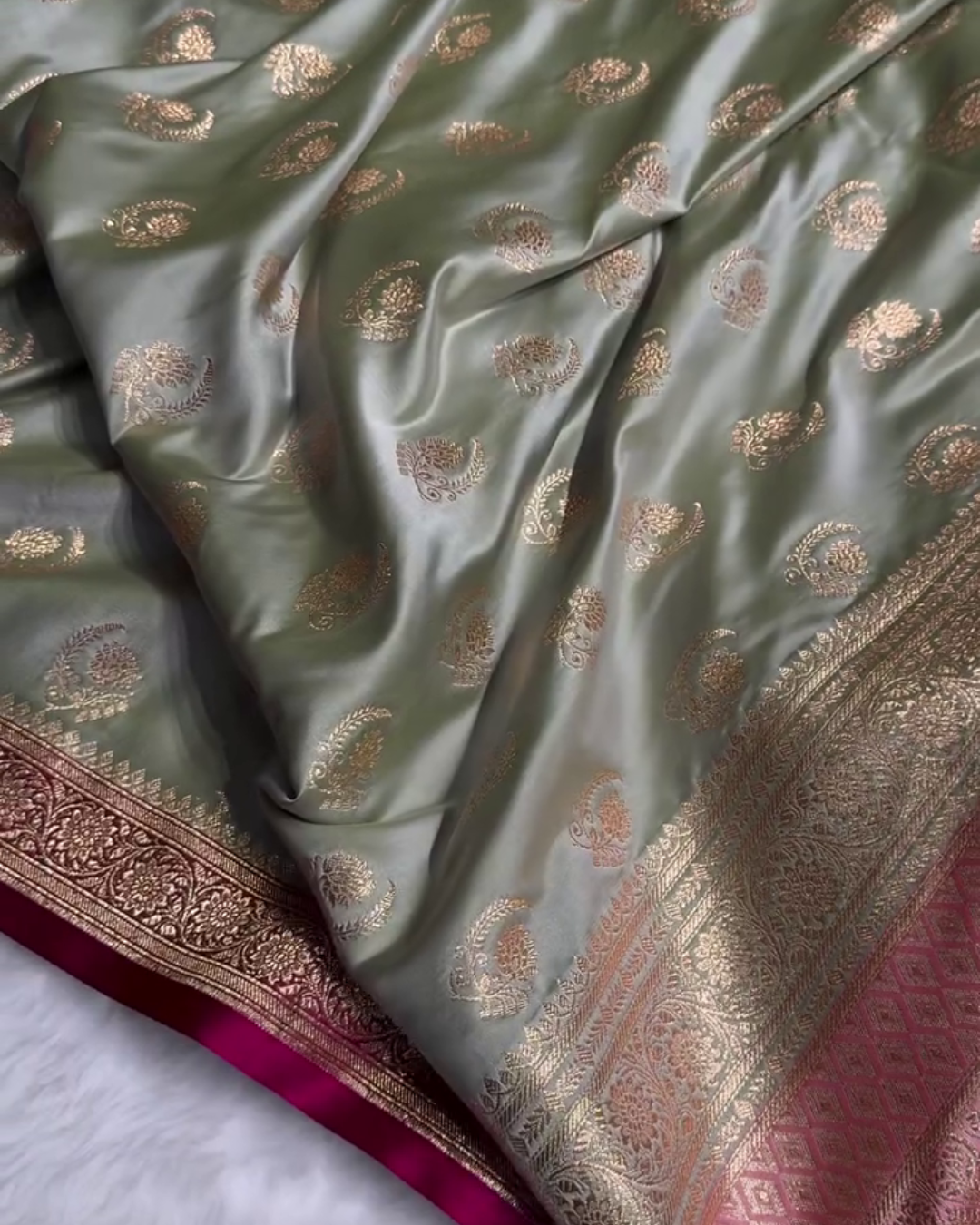 Charulata - Green Katan Silk Saree with Zari Boota and Pink Border