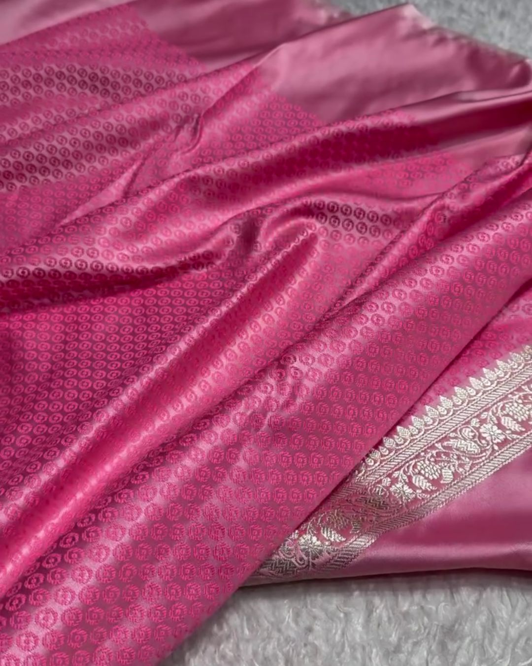 Aadhya - Pink Satin Silk Saree with Zari Floral Weave and Silver Border