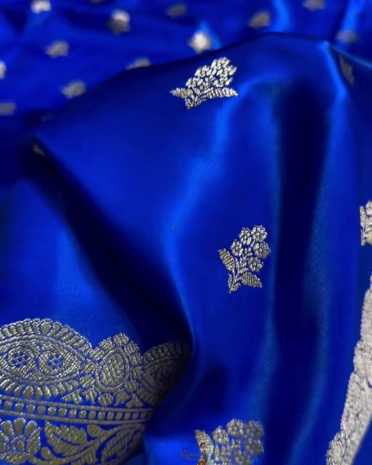 Aarika - Royal Blue Katan Silk Saree with Zari Floral Booti and Traditional Border