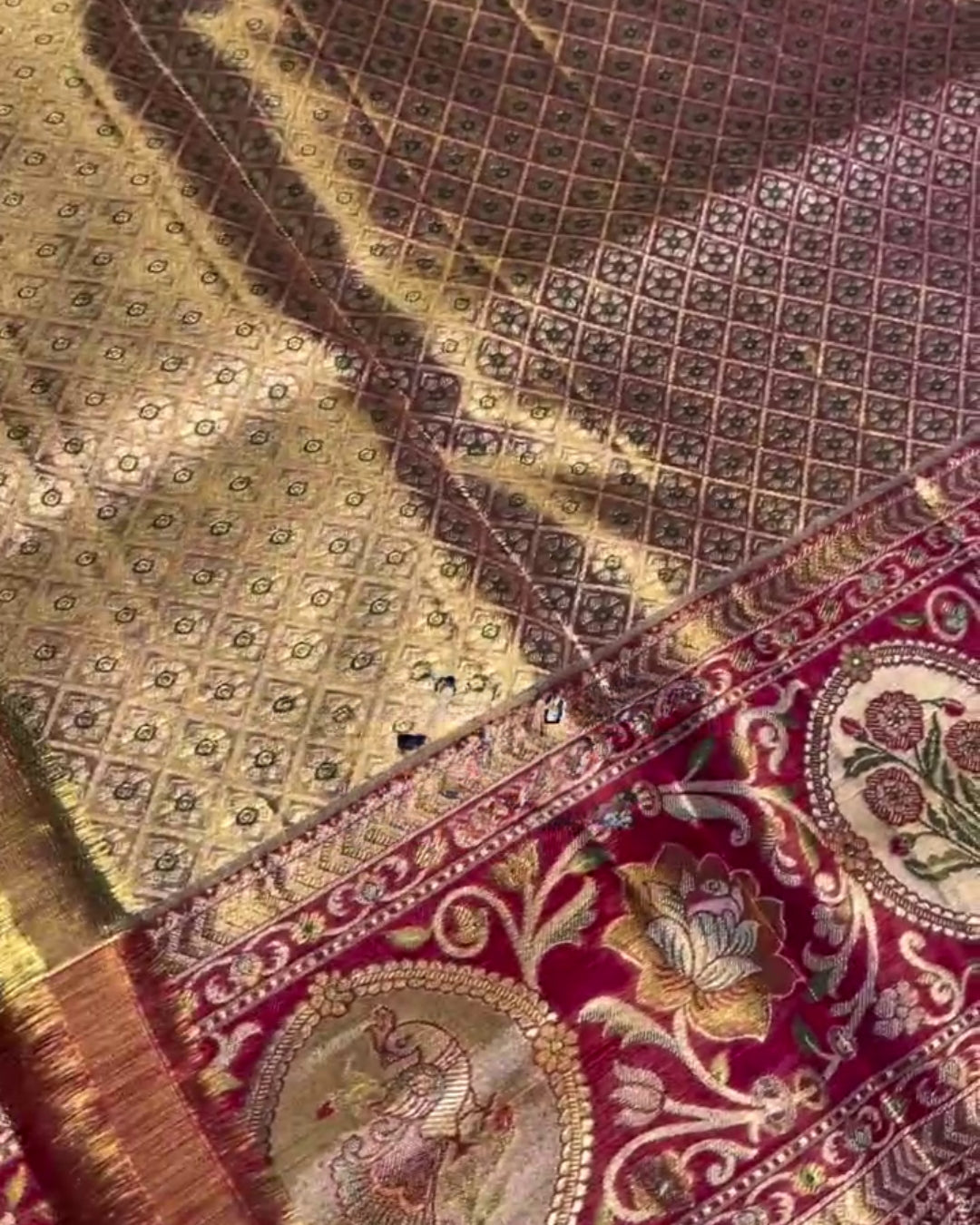 Akhila - Gold Semi Kanchipuram Saree with Floral Checks and Red Zari Border