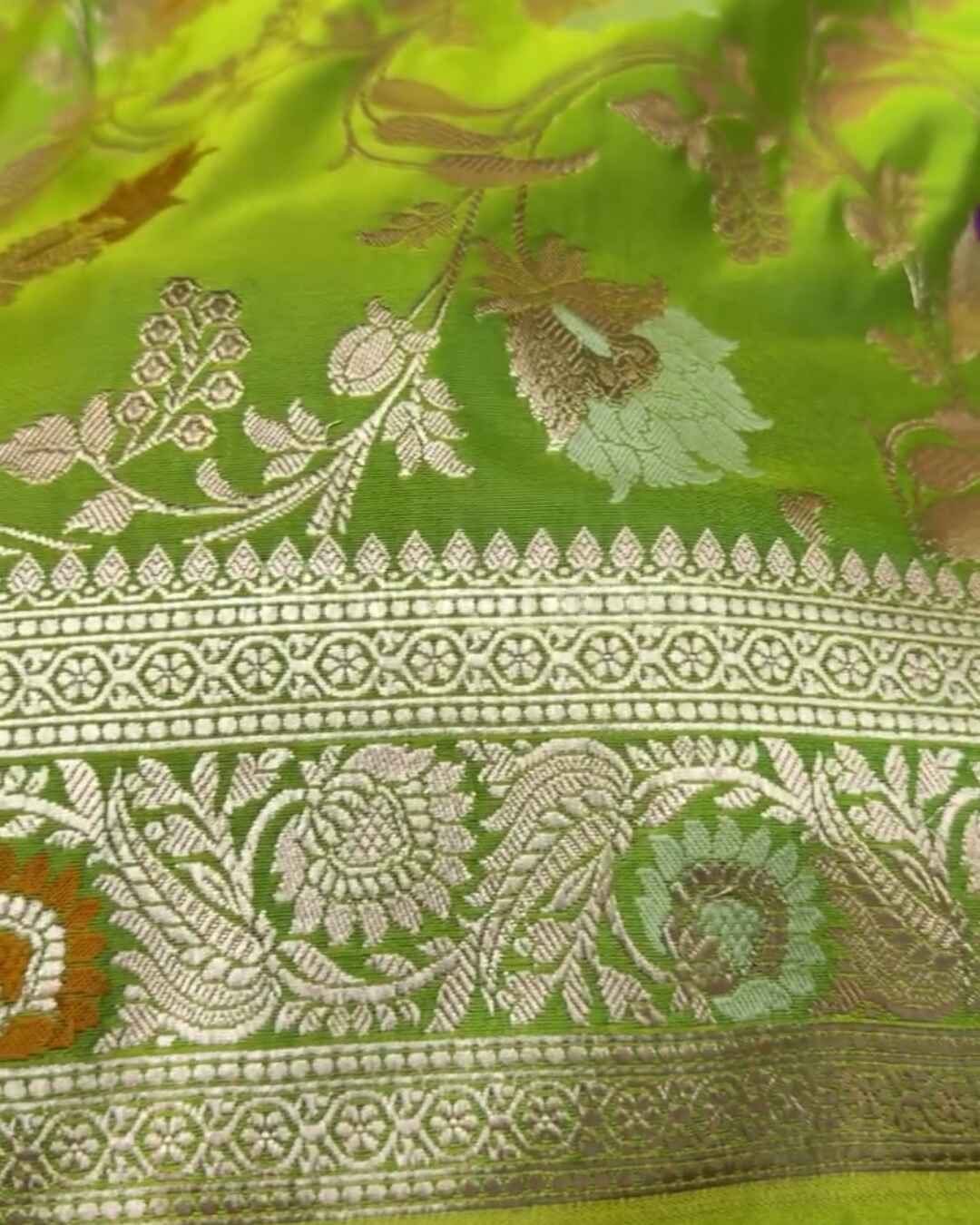 Chandrika – Green Banarasi Mashru Satin Silk Saree with Multicolor Floral Zari Weave