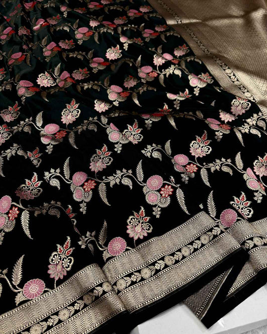 Damayanti – Black Mashru Katan Silk Saree with Floral Zari Weave and Golden Border