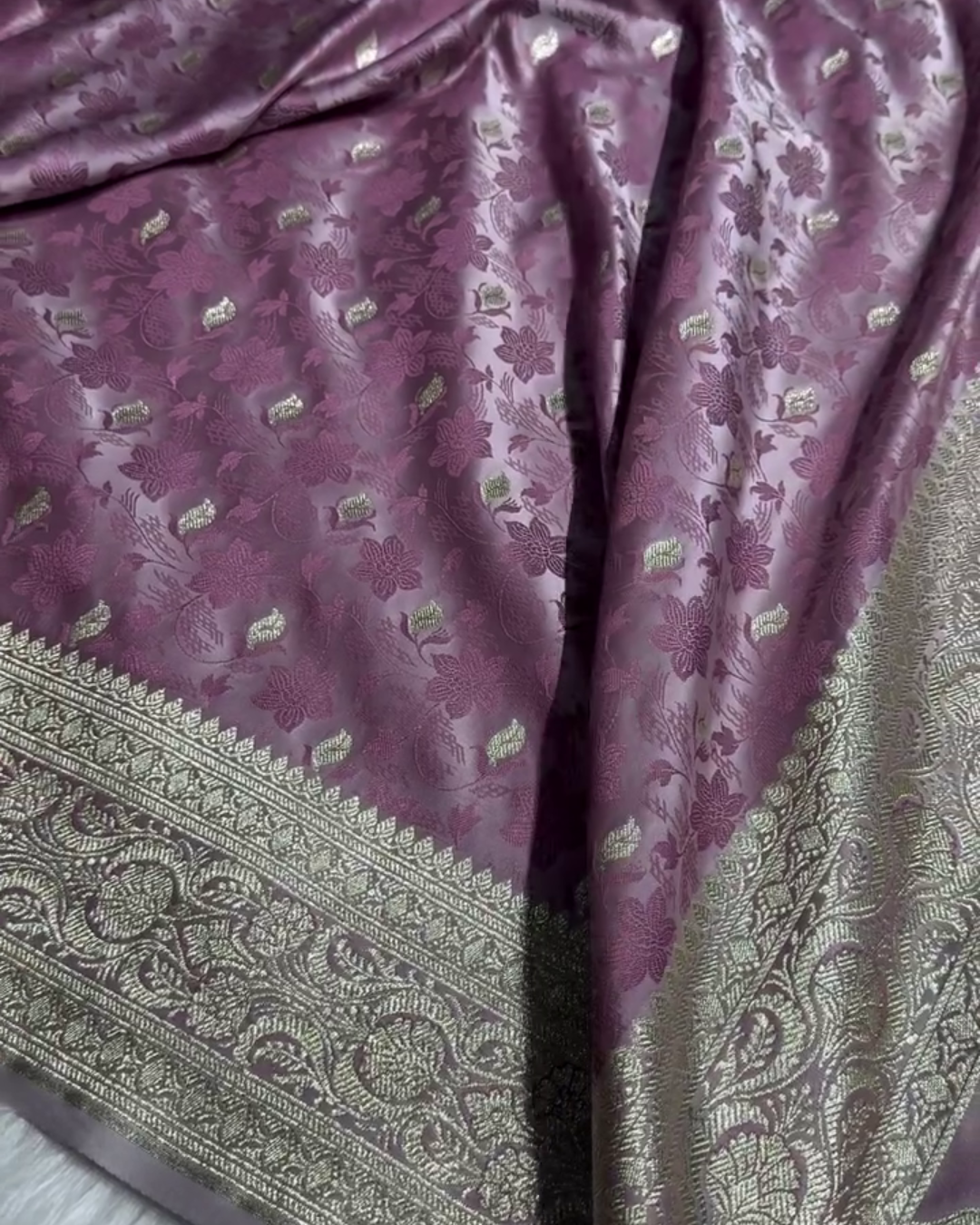 Lavender Tanchoi Satin Katan Silk Saree with Floral Zari Border