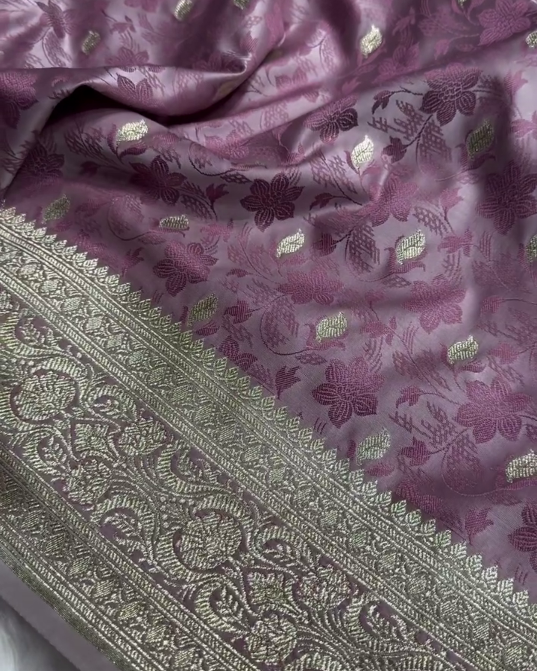 Lavender Tanchoi Satin Katan Silk Saree with Floral Zari Border