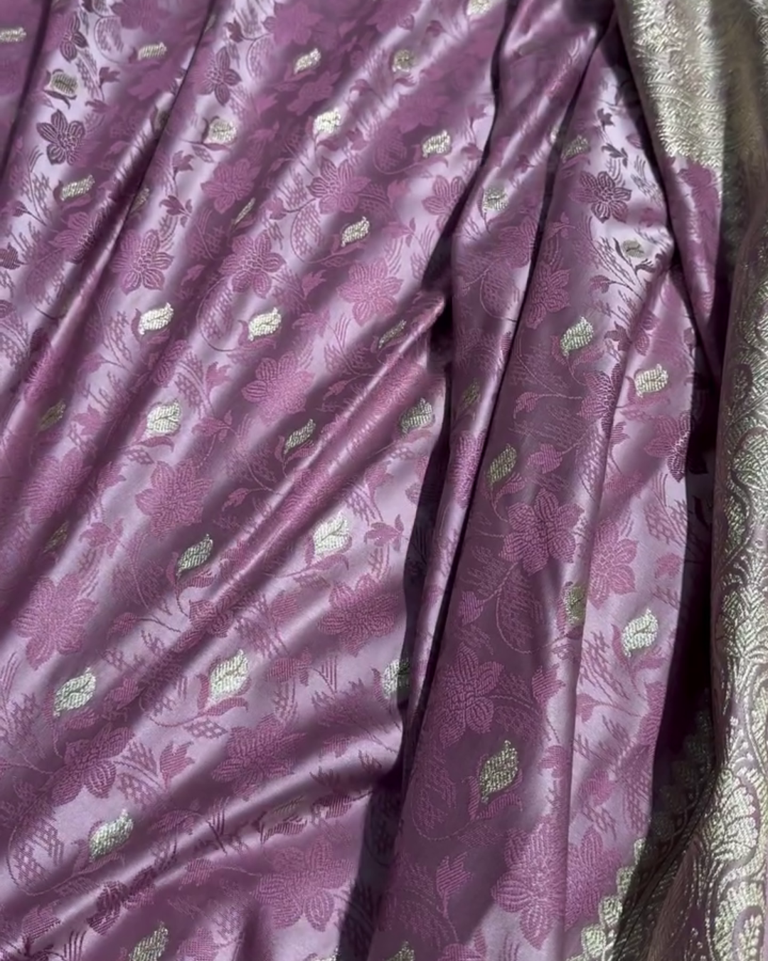 Lavender Tanchoi Satin Katan Silk Saree with Floral Zari Border