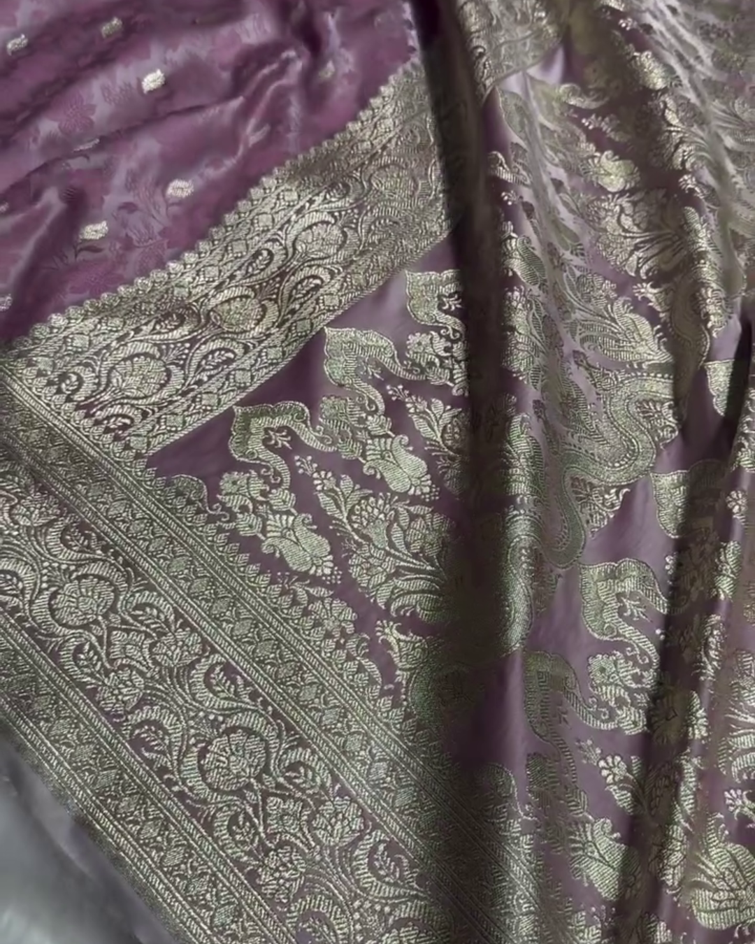Lavender Tanchoi Satin Katan Silk Saree with Floral Zari Border