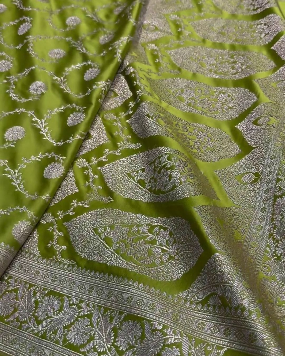 Mahasweta - Green Katan Silk Saree with Silver Zari Floral Jaal