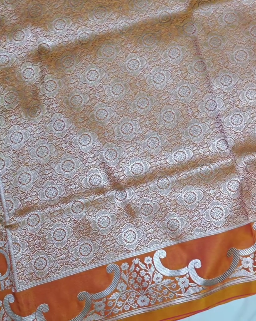 Orange Mashru Silk Saree with Silver Zari Weaving and Contrast Border