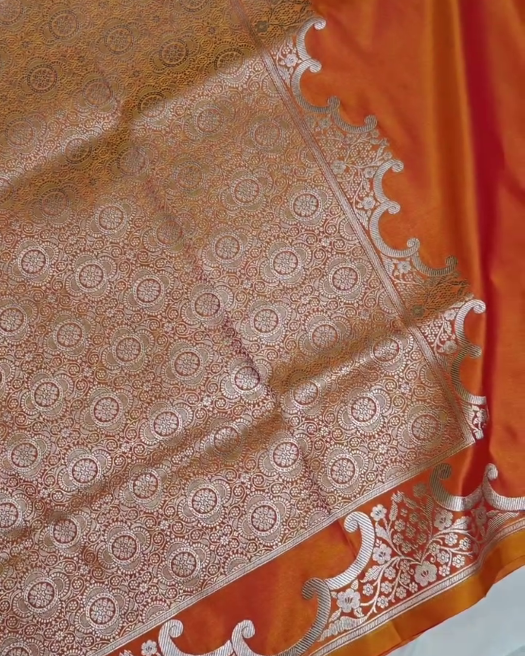 Orange Mashru Silk Saree with Silver Zari Weaving and Contrast Border