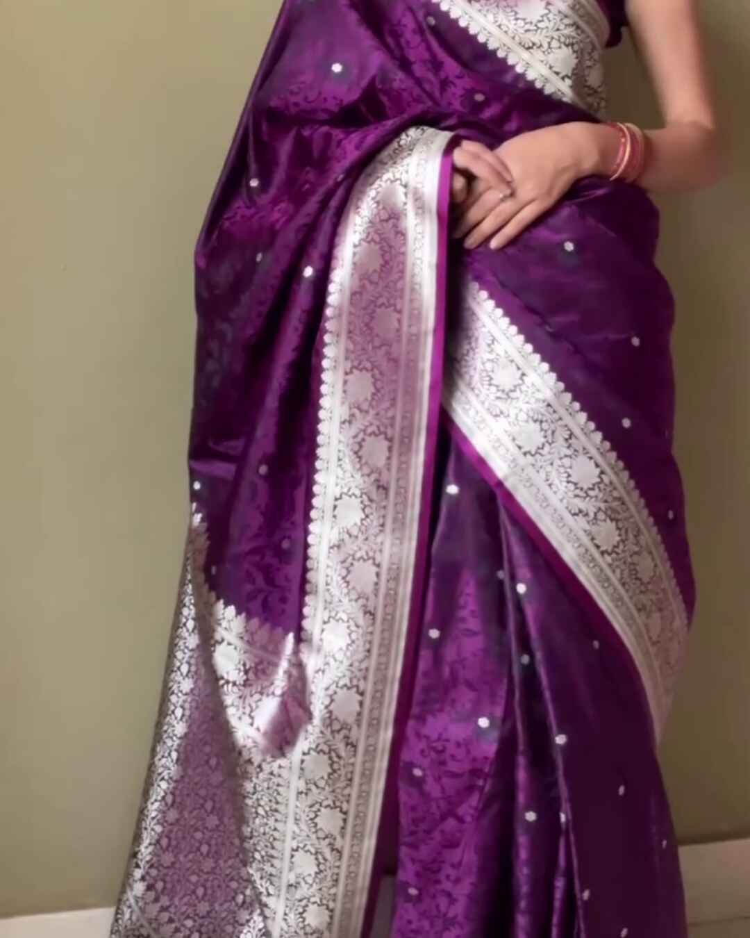 Sumedha – Purple Satin Silk Saree with Silver Zari Floral Border