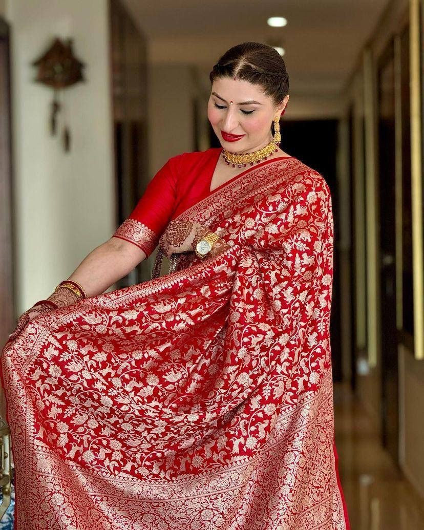 Sanjana - Red Soft Silk Saree with Jacquard Weaving and Matching Blouse