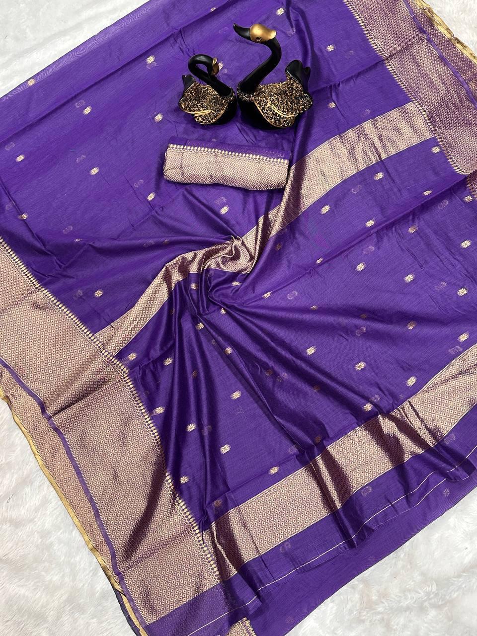Deep Purple Soft Silk Saree with Gold Zari Border