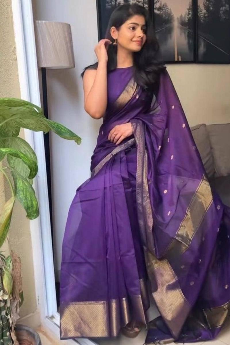 Deep Purple Soft Silk Saree with Gold Zari Border