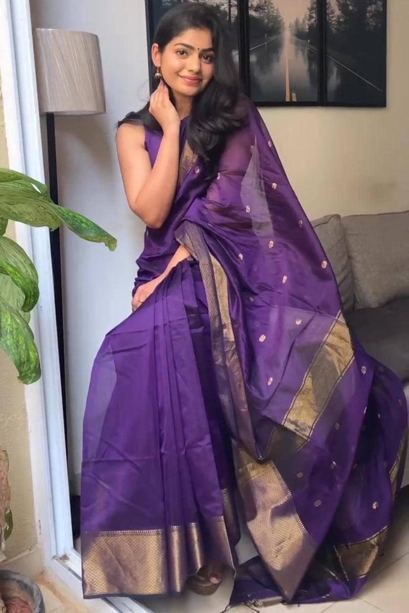 Deep Purple Soft Silk Saree with Gold Zari Border