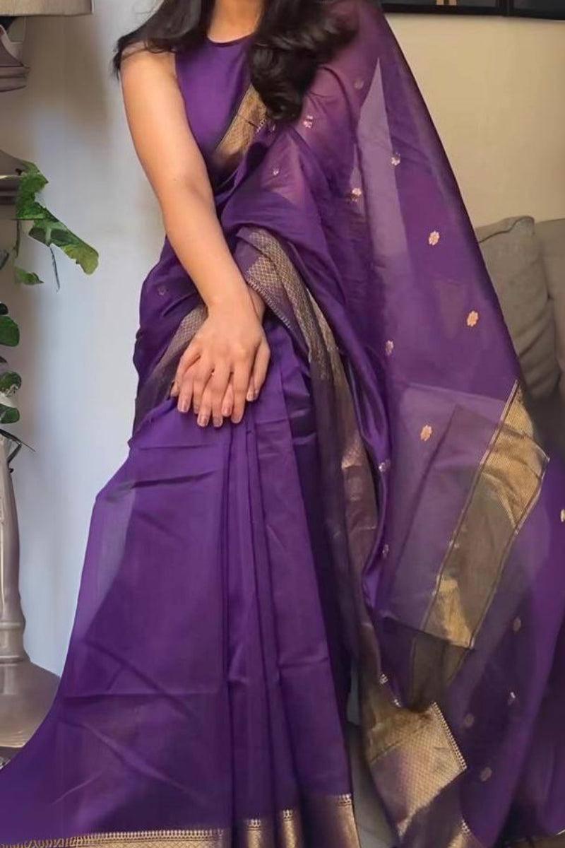 Deep Purple Soft Silk Saree with Gold Zari Border
