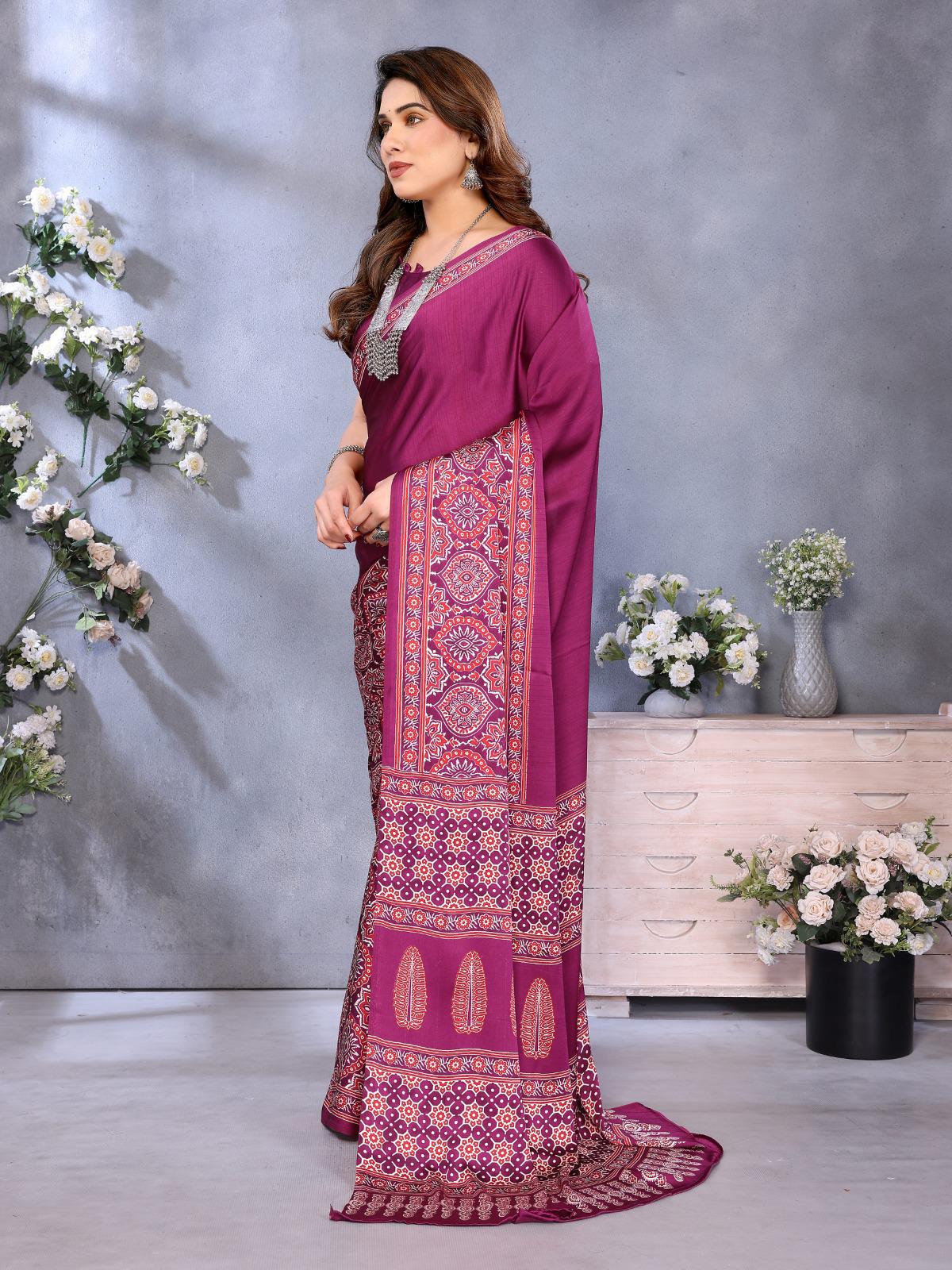 Wine Bandhani Printed Silk Saree with Patola Pallu