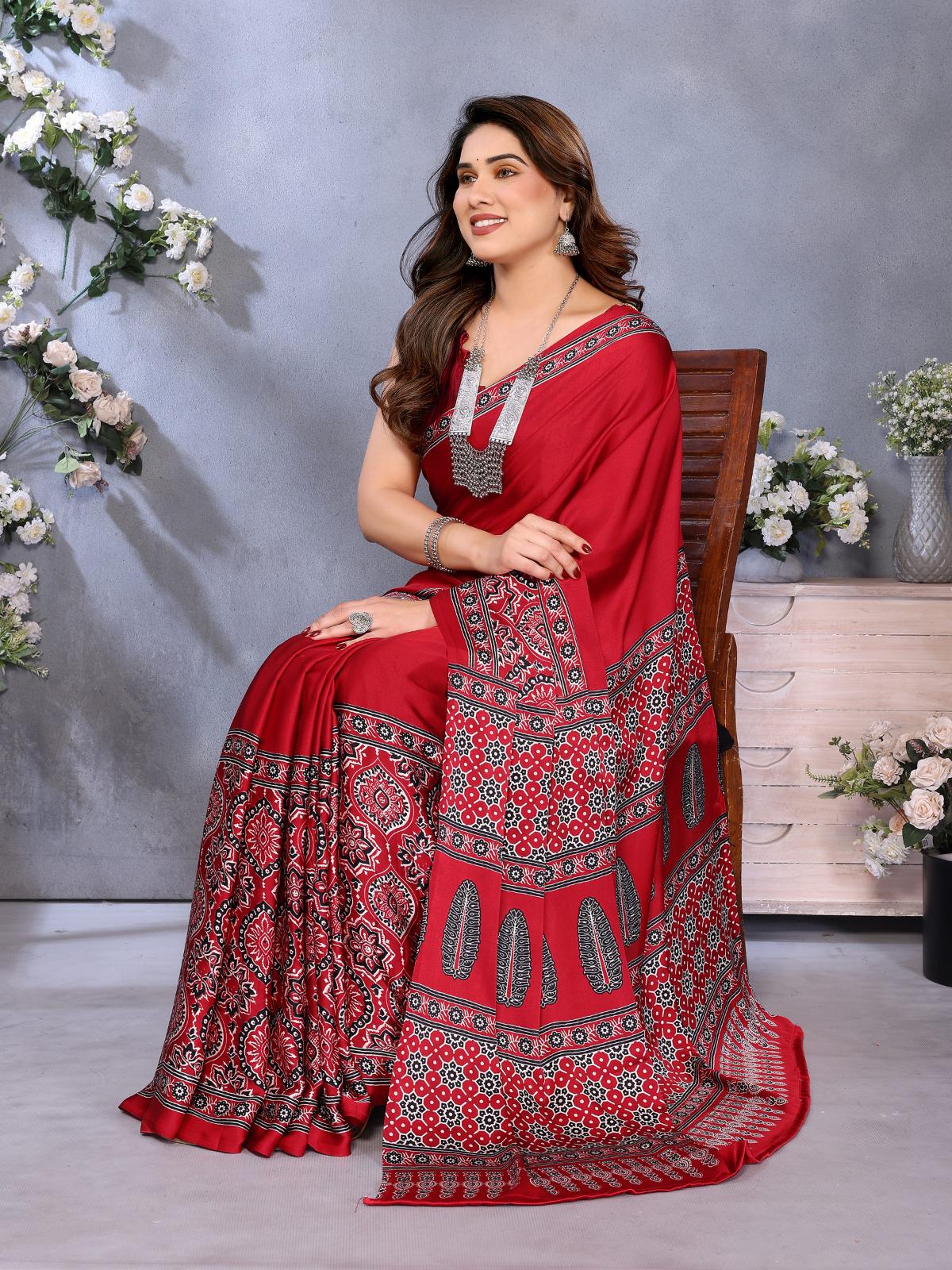 Red Bandhani Print Silk Saree with Patola Pallu Design