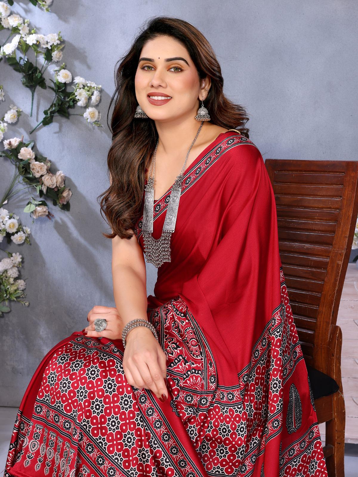 Red Bandhani Print Silk Saree with Patola Pallu Design