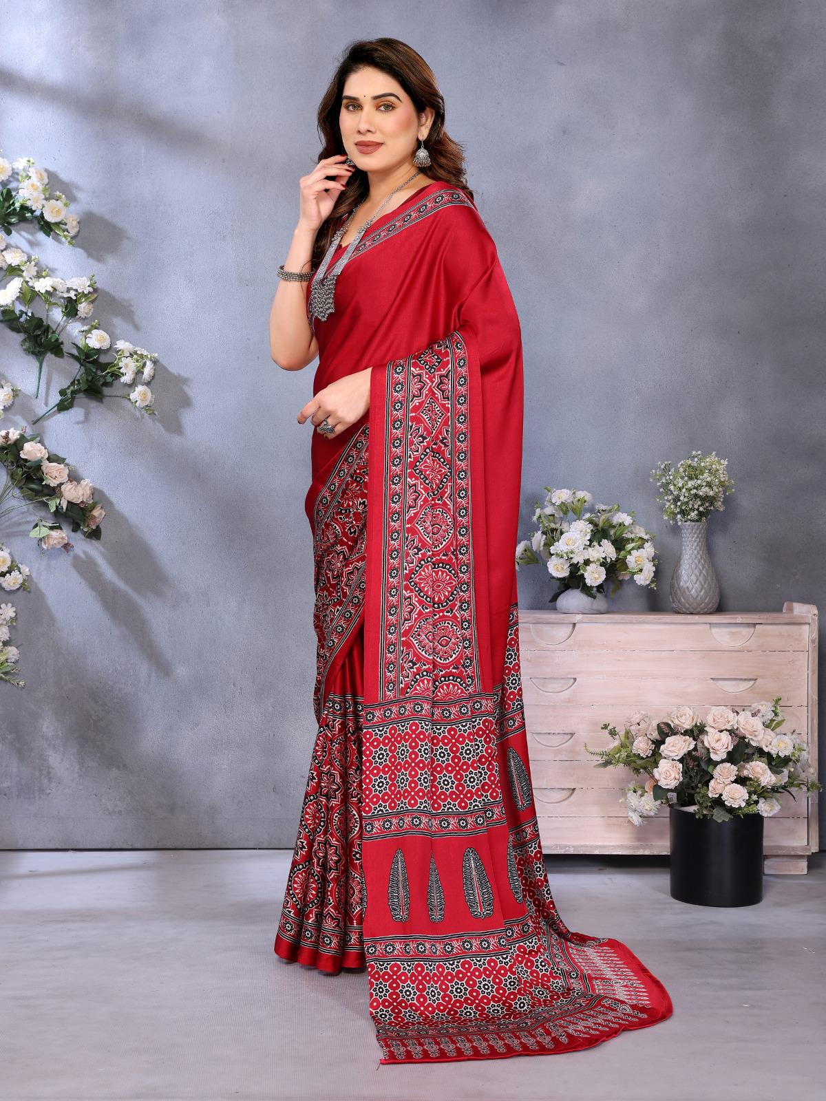 Red Bandhani Print Silk Saree with Patola Pallu Design