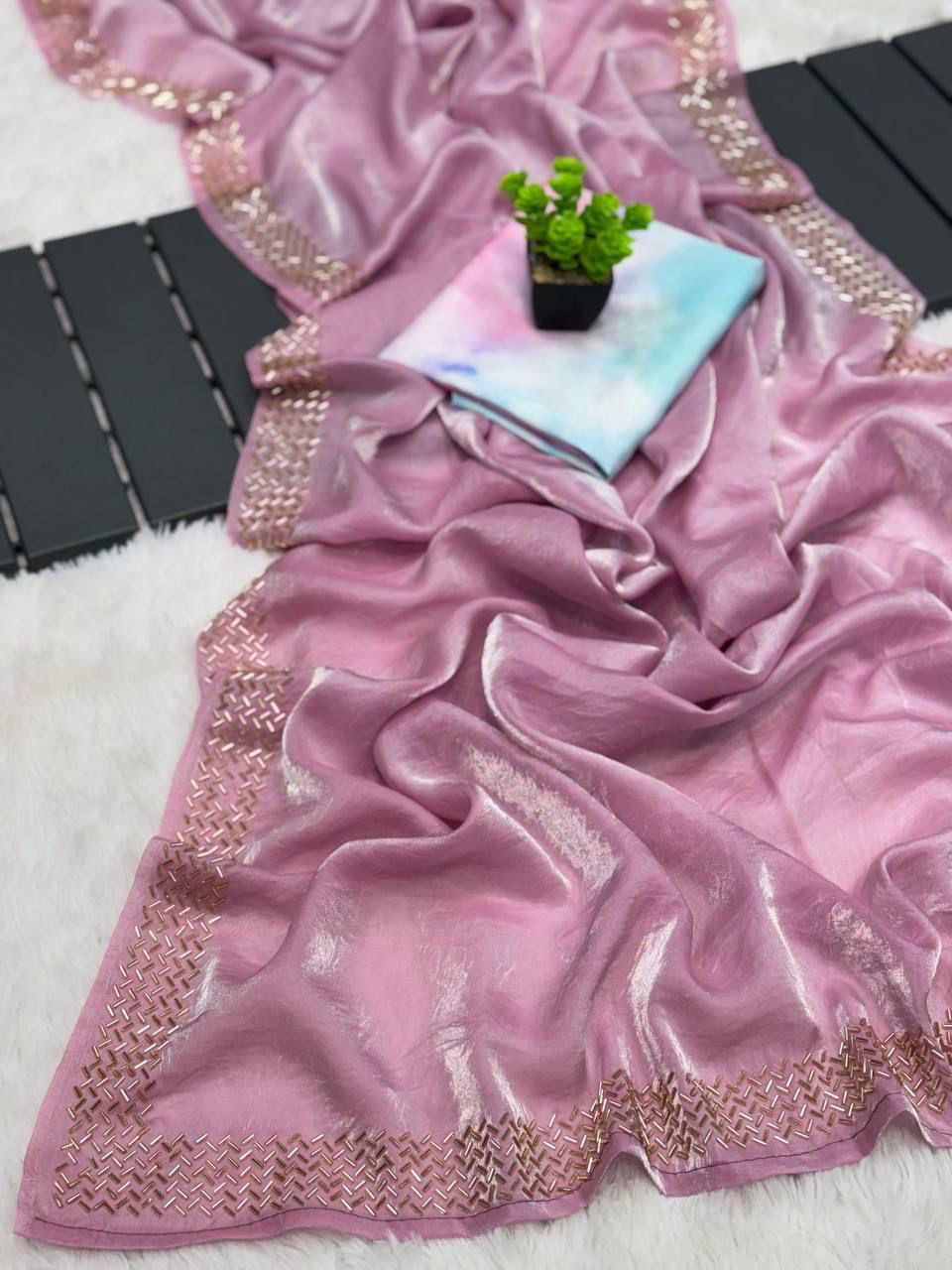 Pastel Pink Organza Saree with Diamond Sequin Border