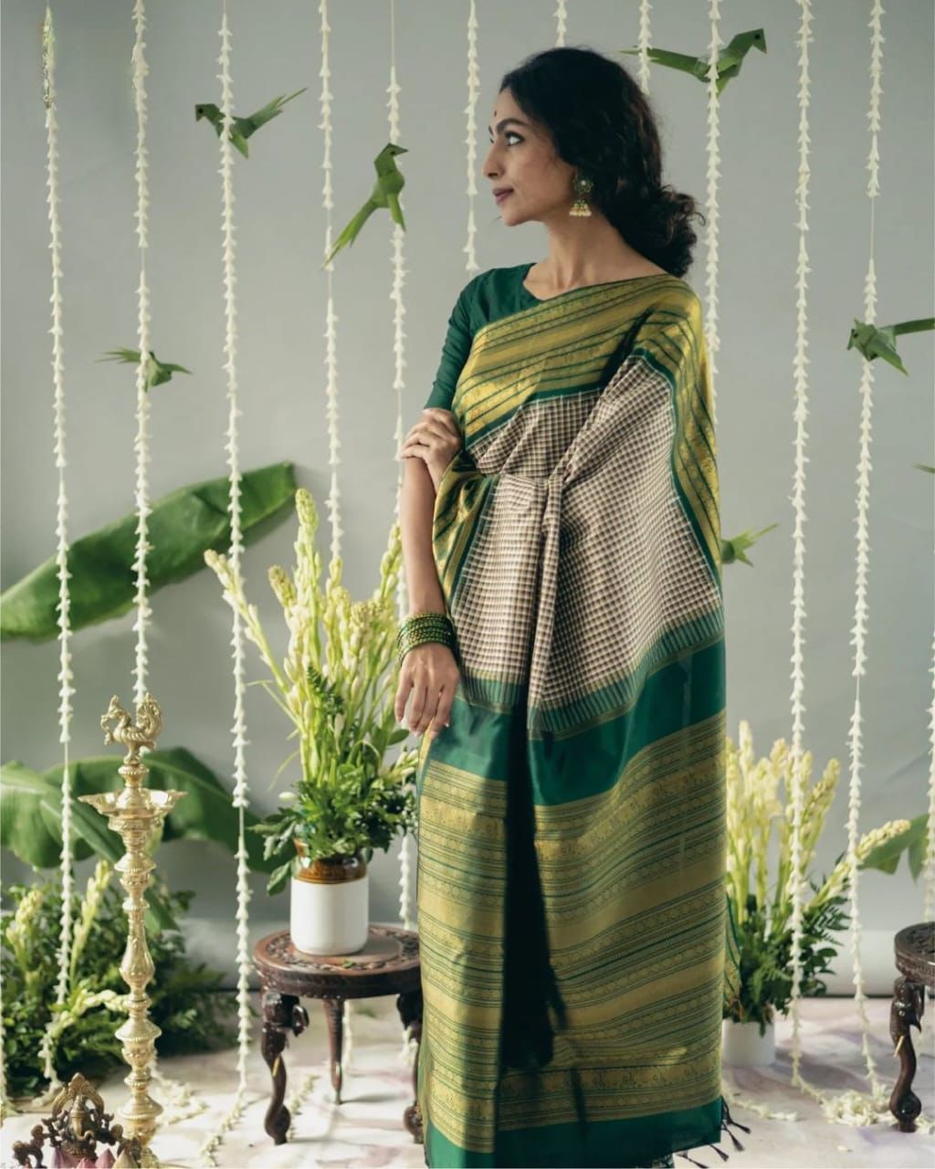 Traditional Green Checks Silk Saree with Temple Border
