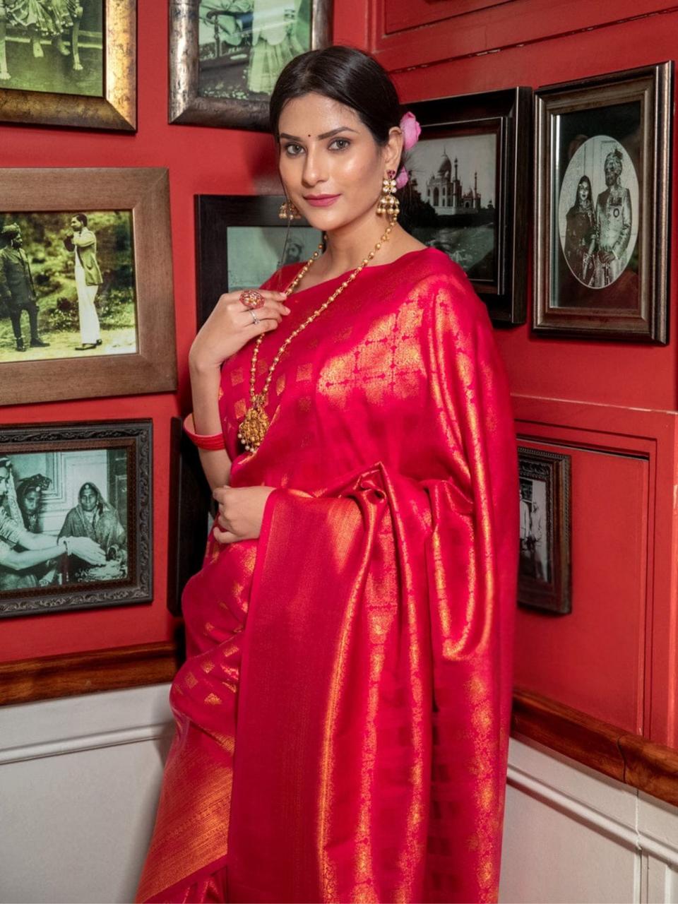 Banarasi Crimson Red Silk Saree with Gold Zari Weave