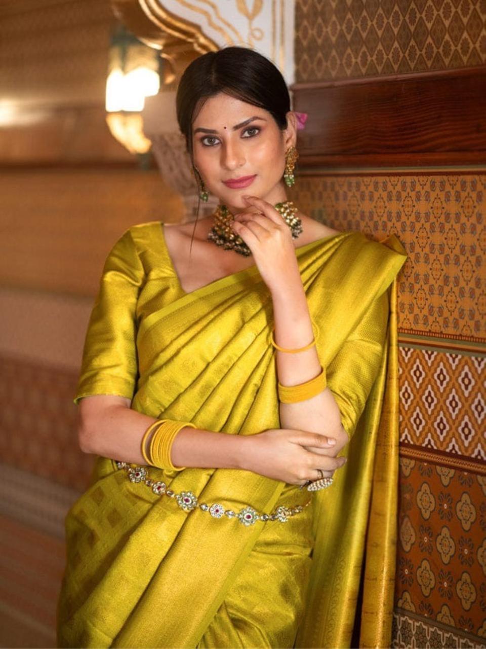 Banarasi Crimson Lemon Silk Saree with Gold Zari Weave