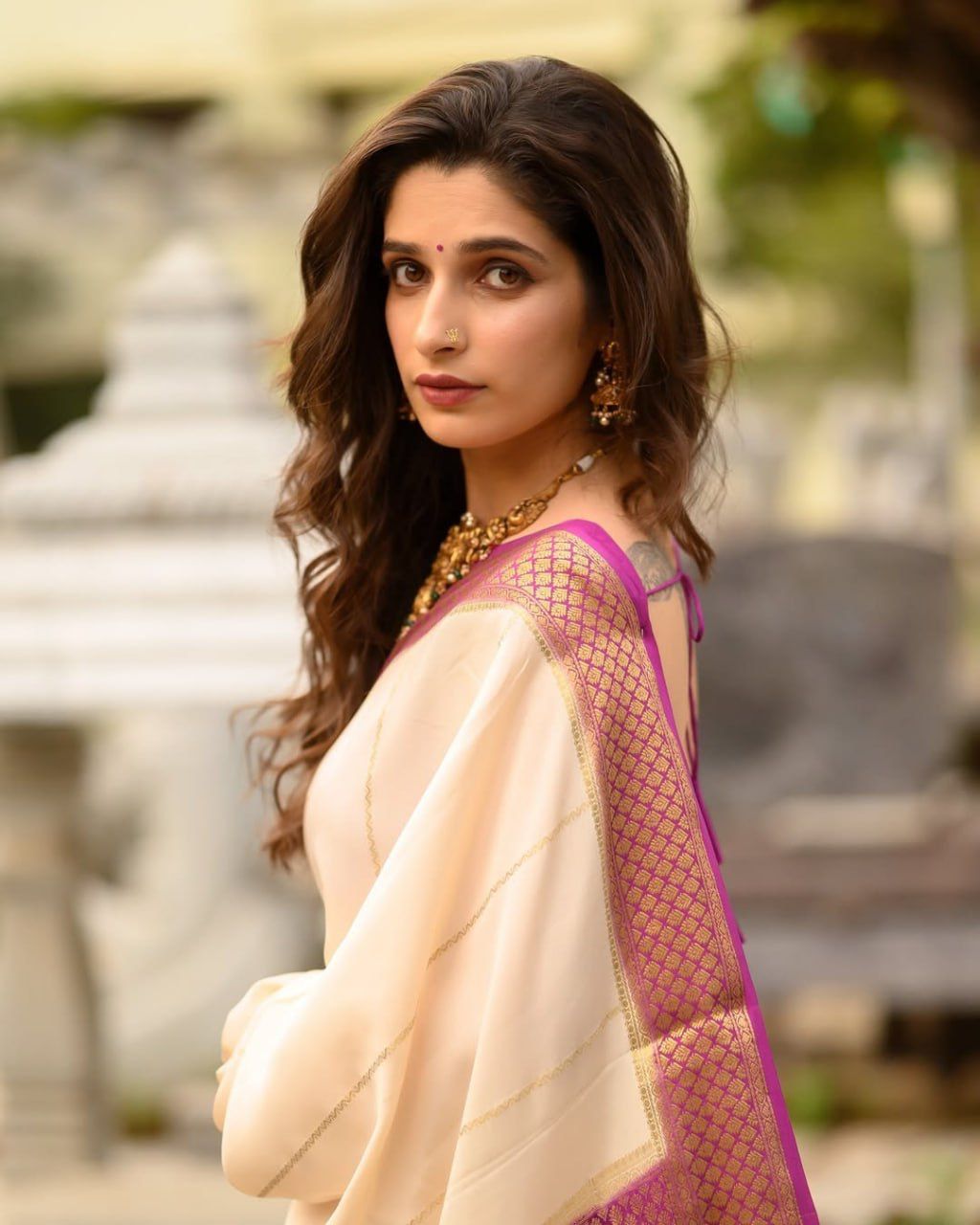 Ivory Cream Saree with Rich Purple Zari Border