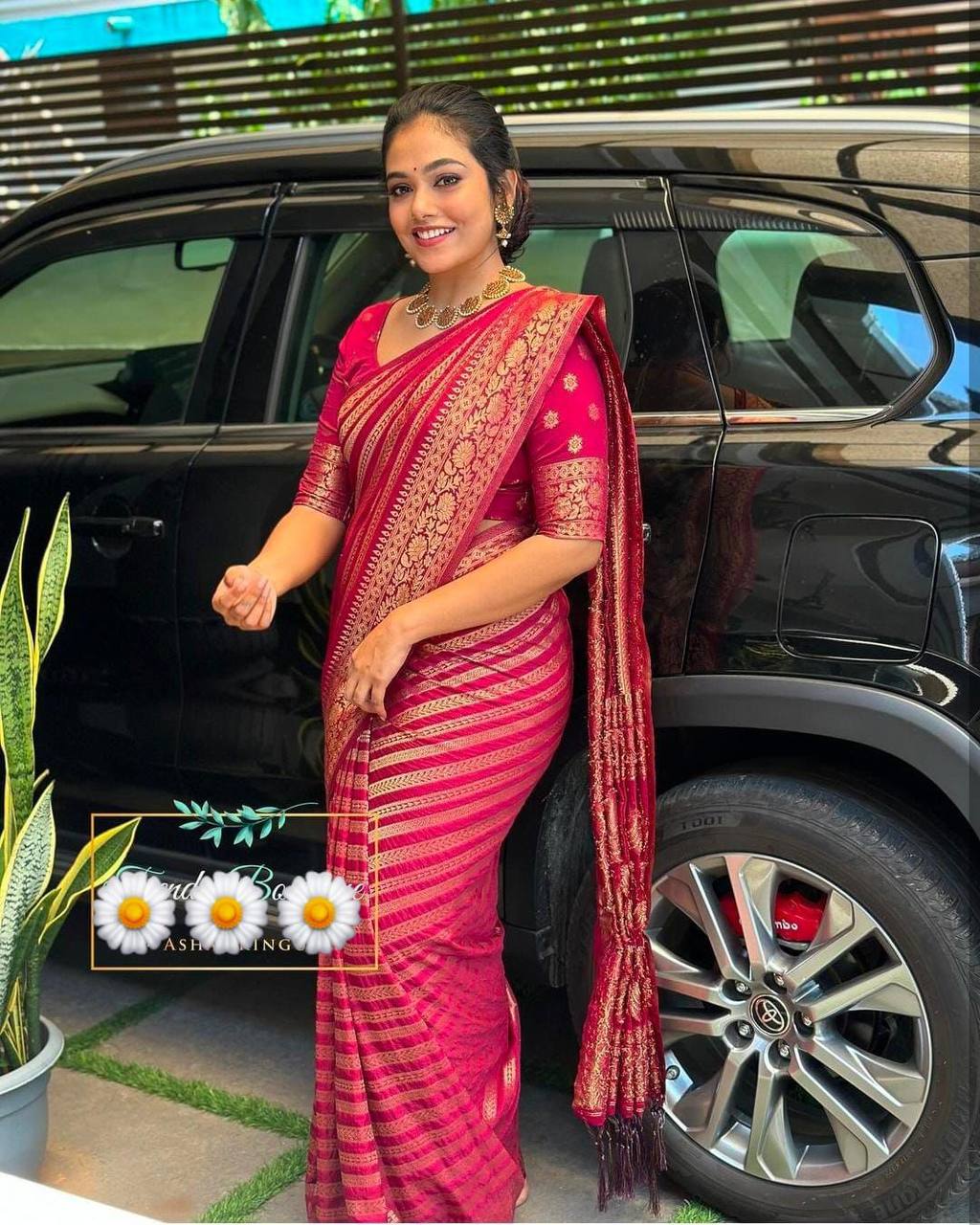 Wine Red Banarasi Silk Saree with Zari Stripes & Floral Weave