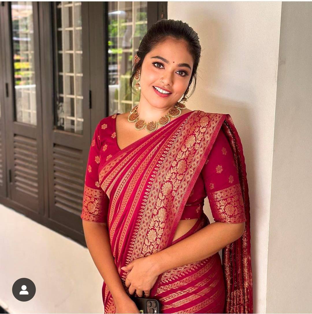 Wine Red Banarasi Silk Saree with Zari Stripes & Floral Weave