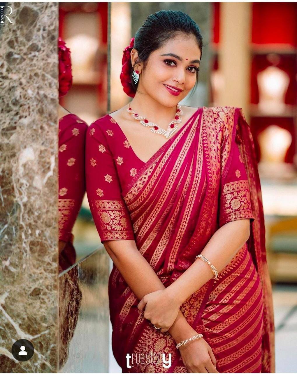 Wine Red Banarasi Silk Saree with Zari Stripes & Floral Weave
