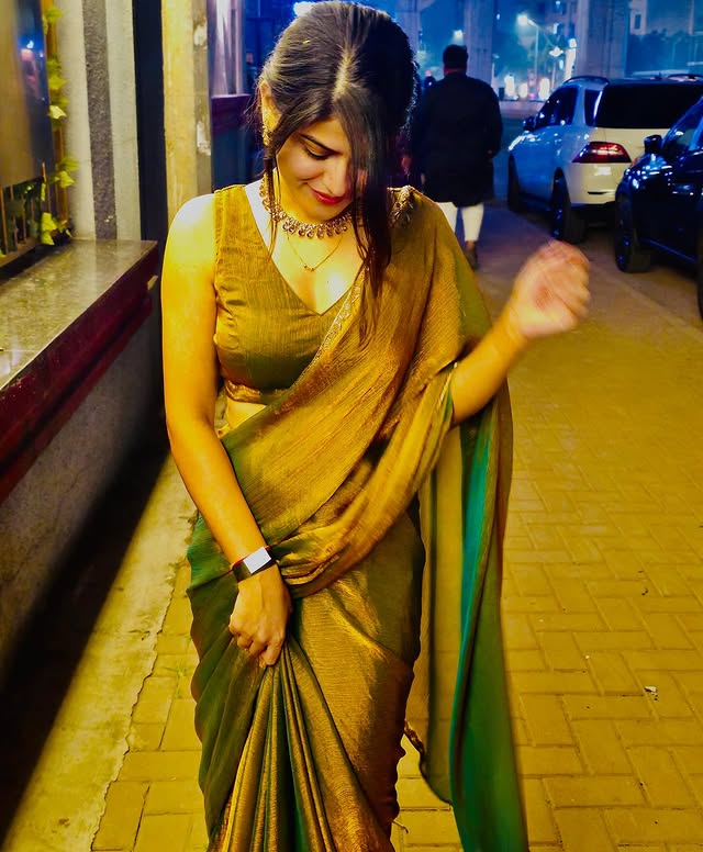 Olive Green Dual-Tone Satin Saree with Subtle Gold Finish
