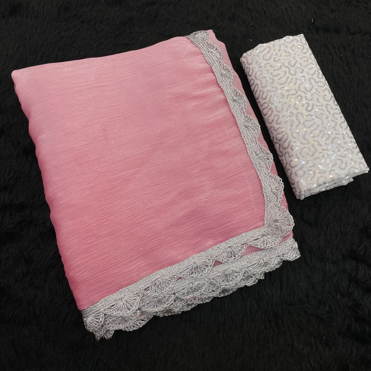 Pink Shimmer Organza Saree with Silver Lace Border