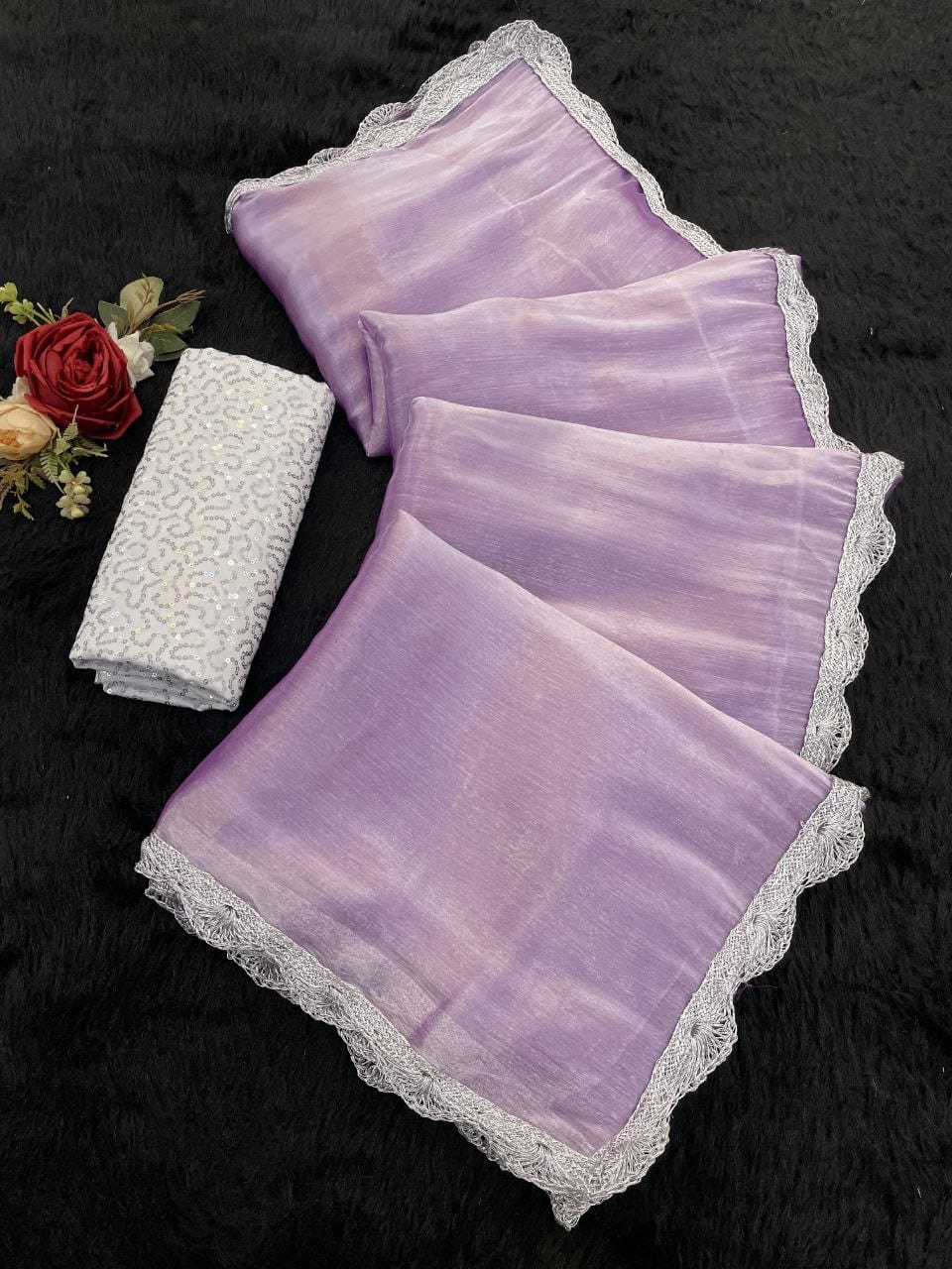 Lavender Shimmer Organza Saree with Silver Lace Border