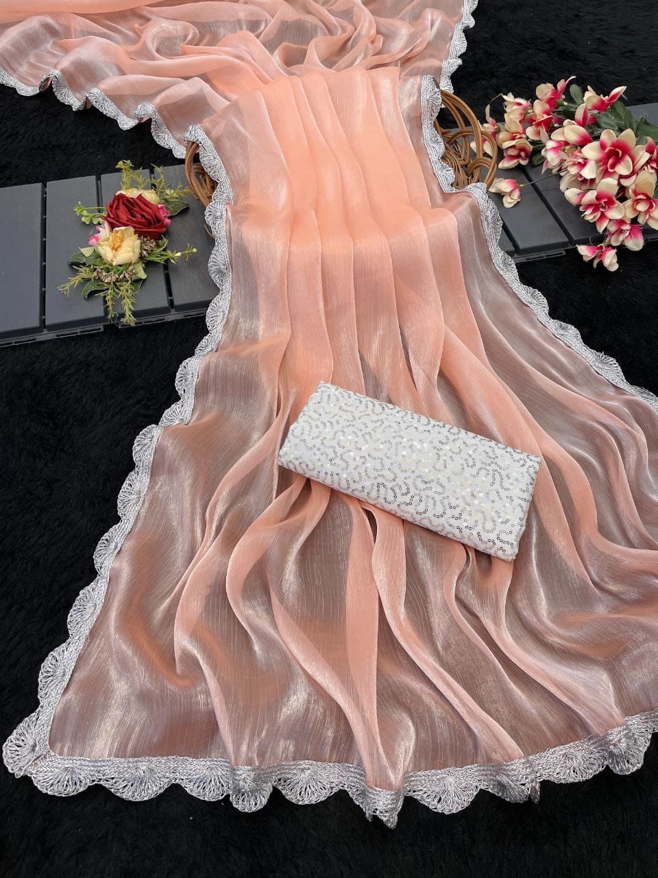 Orange Shimmer Organza Saree with Silver Lace Border