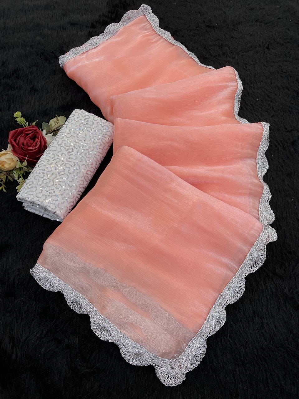 Orange Shimmer Organza Saree with Silver Lace Border
