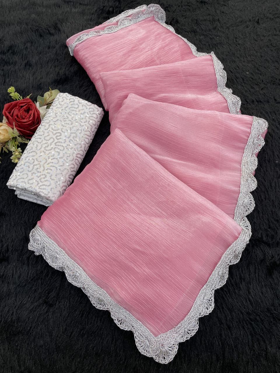 Pink Shimmer Organza Saree with Silver Lace Border