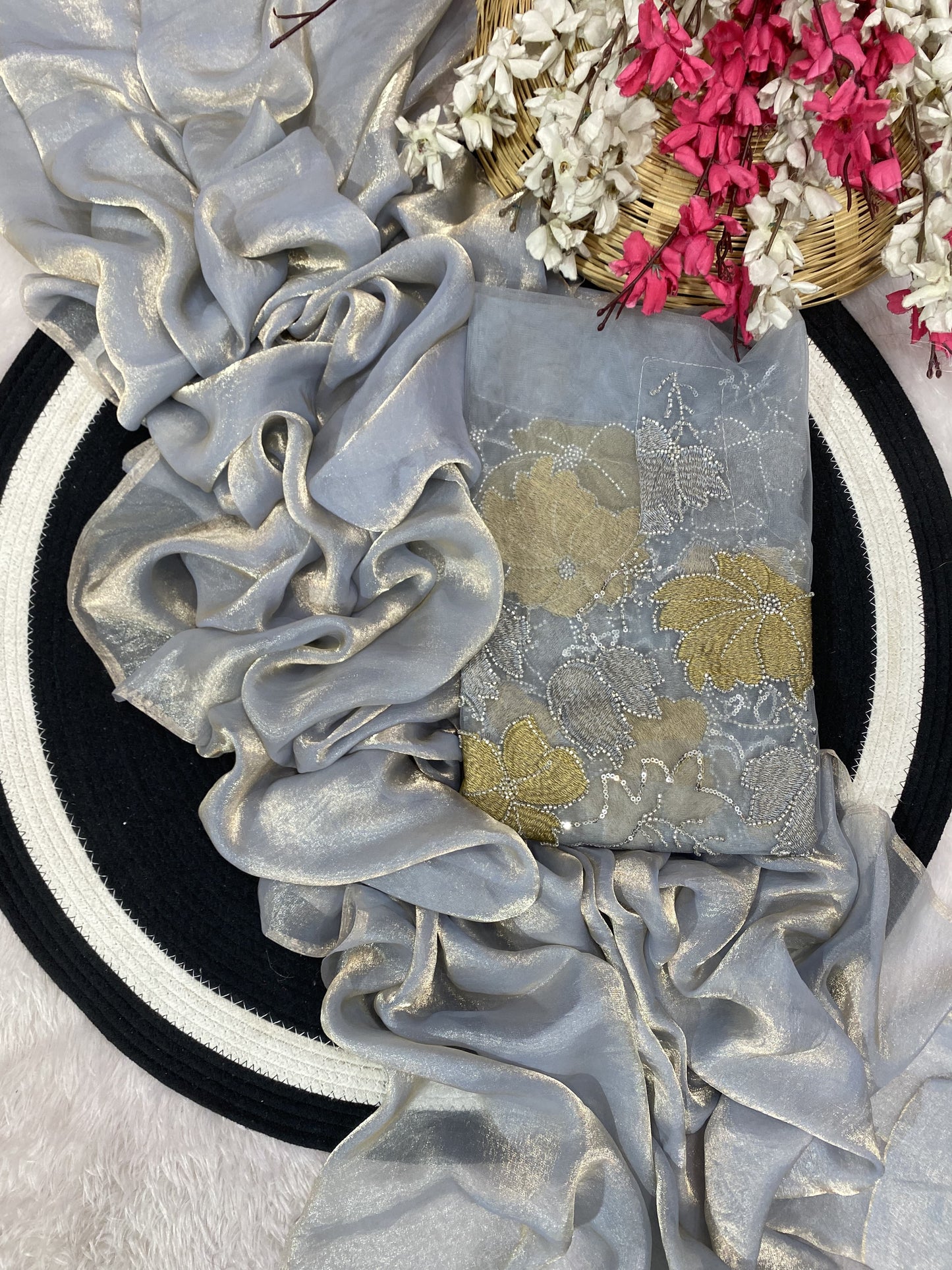 Slate Grey Crushed Organza Saree with Sequin Embroidered Blouse